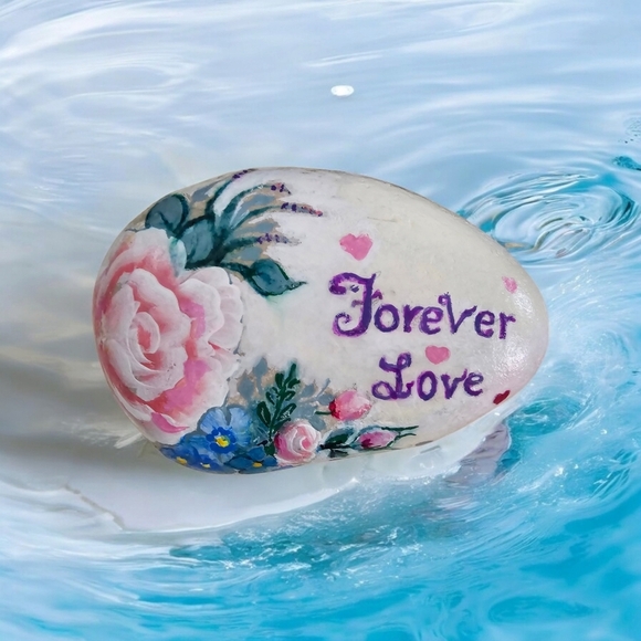 Painted LOVE river rock with rosy- peach roses, blue accent flowers, and hearts - Picture 1 of 17